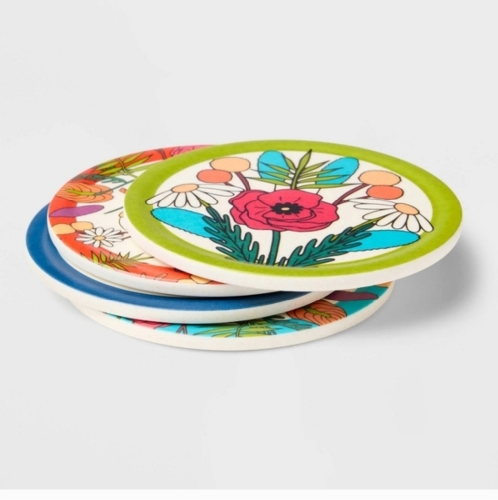 Talisa Almonte Floral Bamboo & Melamine Coaster Set - Multicolor